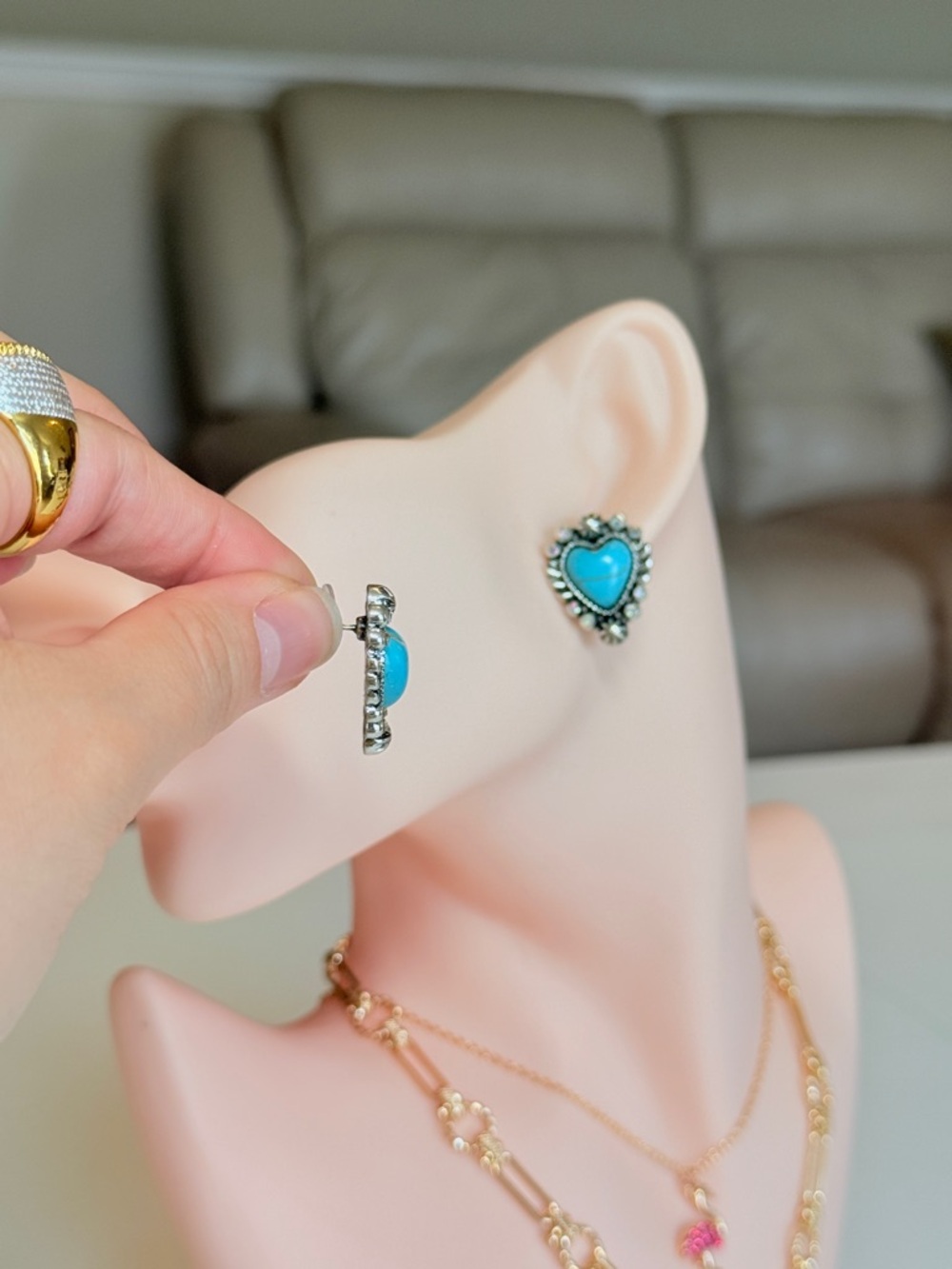 Turquoise Heart Stud Earrings - Picture 6 of 12